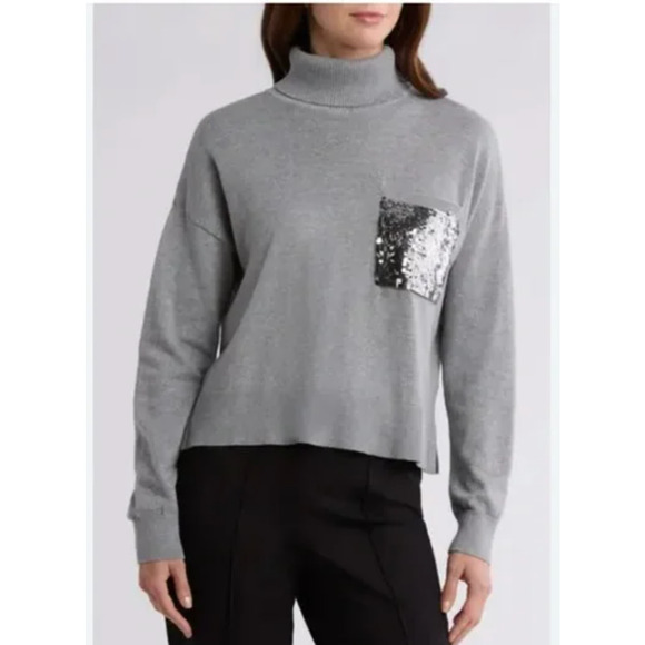 DKNY Women’s Gray Turtleneck Sweater with Sequined Pocket Size MEDIUM Holiday - Picture 1 of 8